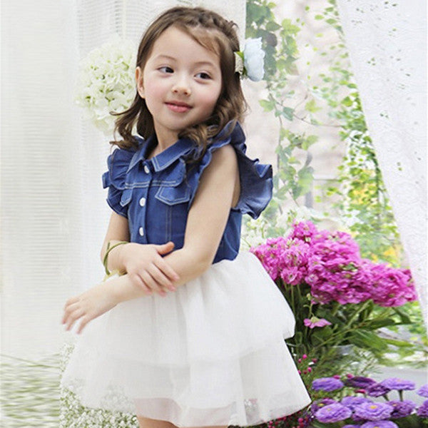 Cute Kids One Piece Dress Girls Ruffled Denim Gauze Tutu Clothes For 2-7Y 2 Colors - CelebritystyleFashion.com.au online clothing shop australia