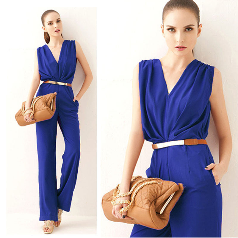Fashion Women Sleeveless Maxi Overalls Belted Wide Leg Jumpsuit Plus Size macacao long pant Elegant Jumpsuits macacao - CelebritystyleFashion.com.au online clothing shop australia