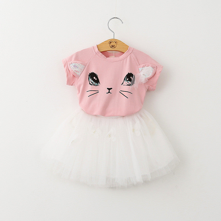 Keelorn Girls Dress Brand Kids Clothes White Cartoon Short Sleeve T-Shirt+Veil Dress 2Pcs baby girl clothes for 2-6Y - CelebritystyleFashion.com.au online clothing shop australia
