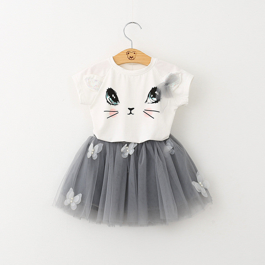 Keelorn Girls Dress Brand Kids Clothes White Cartoon Short Sleeve T-Shirt+Veil Dress 2Pcs baby girl clothes for 2-6Y - CelebritystyleFashion.com.au online clothing shop australia