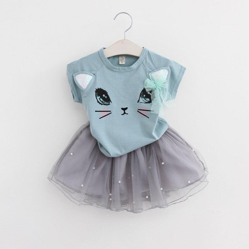 Keelorn Girls Dress Brand Kids Clothes White Cartoon Short Sleeve T-Shirt+Veil Dress 2Pcs baby girl clothes for 2-6Y - CelebritystyleFashion.com.au online clothing shop australia