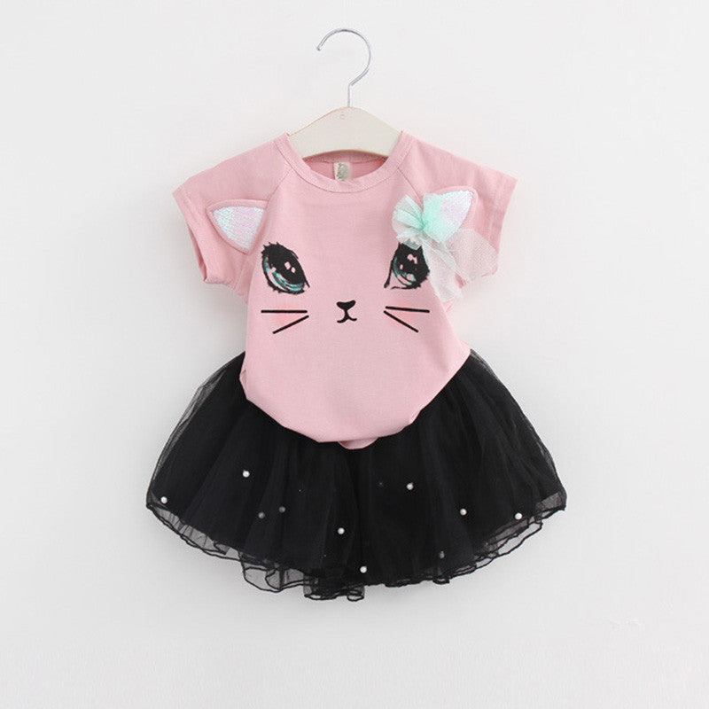 Keelorn Girls Dress Brand Kids Clothes White Cartoon Short Sleeve T-Shirt+Veil Dress 2Pcs baby girl clothes for 2-6Y - CelebritystyleFashion.com.au online clothing shop australia