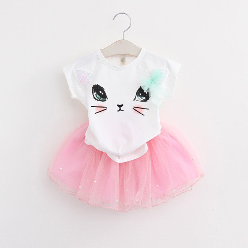 Keelorn Girls Dress Brand Kids Clothes White Cartoon Short Sleeve T-Shirt+Veil Dress 2Pcs baby girl clothes for 2-6Y - CelebritystyleFashion.com.au online clothing shop australia
