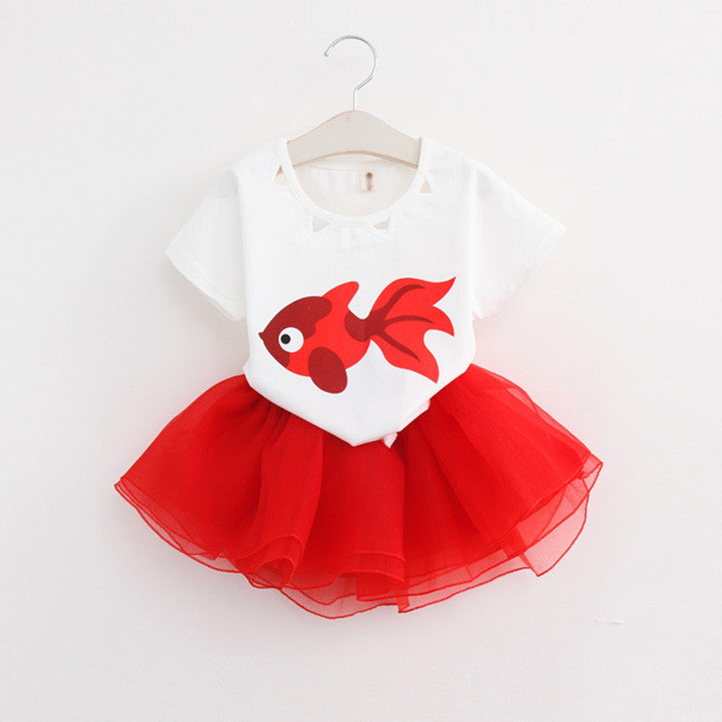 Keelorn Girls Dress Brand Kids Clothes White Cartoon Short Sleeve T-Shirt+Veil Dress 2Pcs baby girl clothes for 2-6Y - CelebritystyleFashion.com.au online clothing shop australia