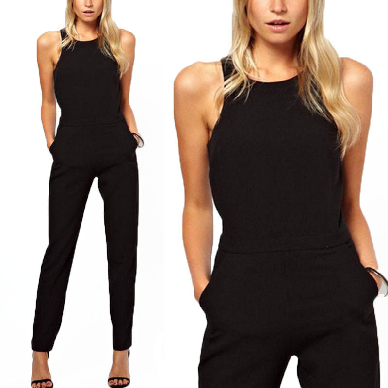 Women Casual Elegant Black Back Zipper Hollow Sleeveless Long Jumpsuit Playsuits Rompers Trousers Plus Size - CelebritystyleFashion.com.au online clothing shop australia