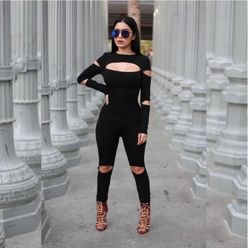 Women Bodycon Jumpsuit Long Sleeve Hollow Out Fahion Sexy Club Overalls Bodysuit Rompers Womens Jumpsuits - CelebritystyleFashion.com.au online clothing shop australia
