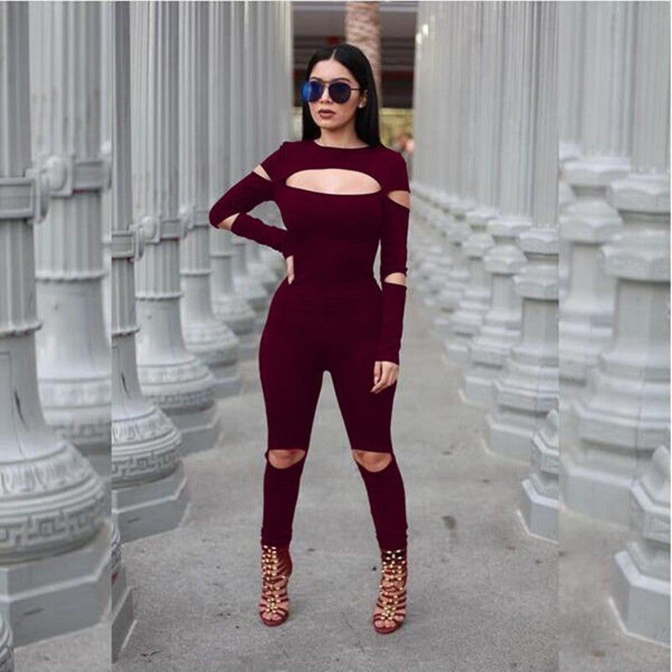 Women Bodycon Jumpsuit Long Sleeve Hollow Out Fahion Sexy Club Overalls Bodysuit Rompers Womens Jumpsuits - CelebritystyleFashion.com.au online clothing shop australia
