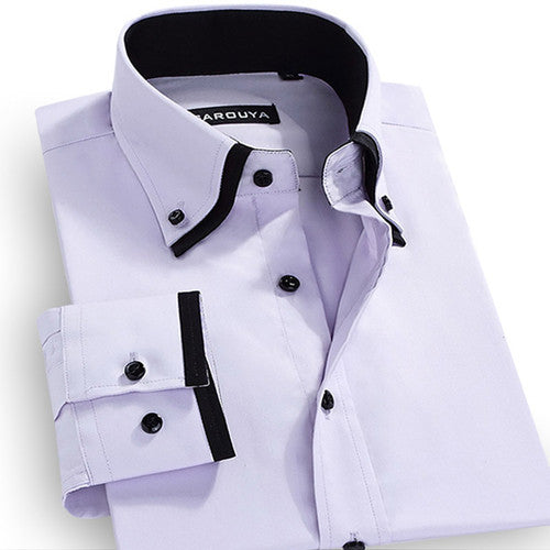 Autumn Men's Double-collar Long-Sleeved Solid Dress Shirts Cotton Blend Classic-fit Button Down Business Formal Plain Shirt - CelebritystyleFashion.com.au online clothing shop australia
