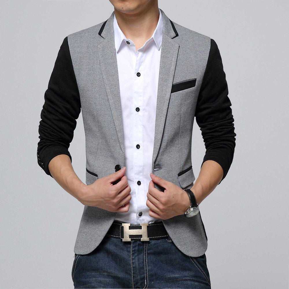 New Slim Fit Casual jacket Cotton Men Blazer Jacket Single Button Gray Mens Suit Jacket Autumn Patchwork Coat Male Suite - CelebritystyleFashion.com.au online clothing shop australia