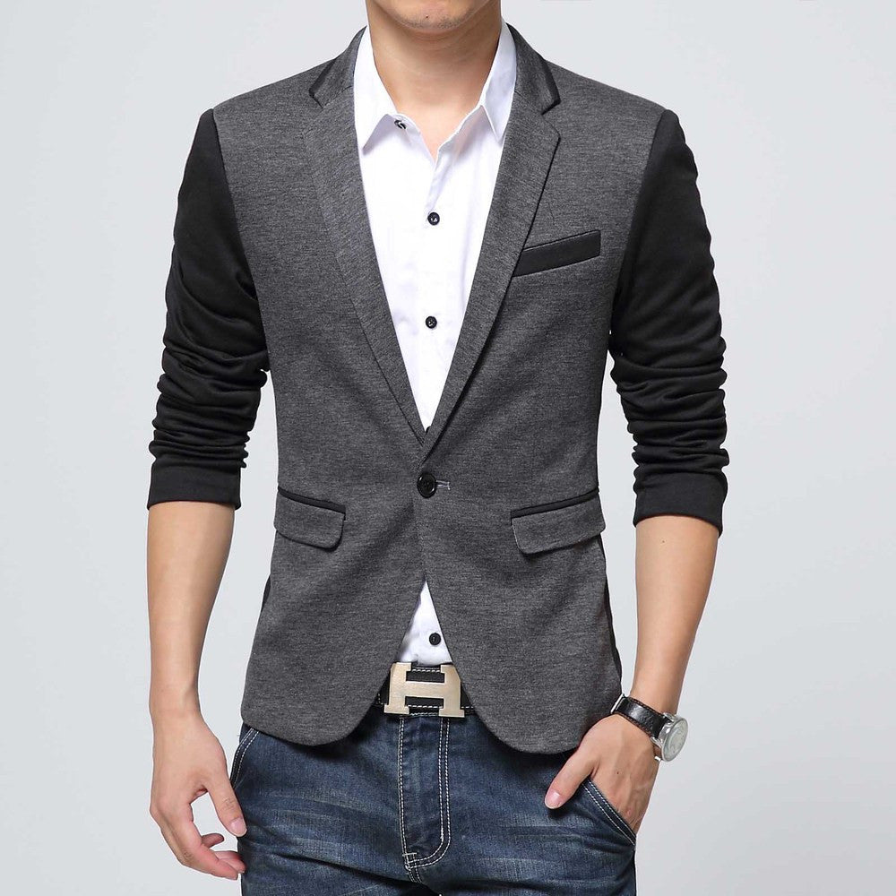 New Slim Fit Casual jacket Cotton Men Blazer Jacket Single Button Gray Mens Suit Jacket Autumn Patchwork Coat Male Suite - CelebritystyleFashion.com.au online clothing shop australia