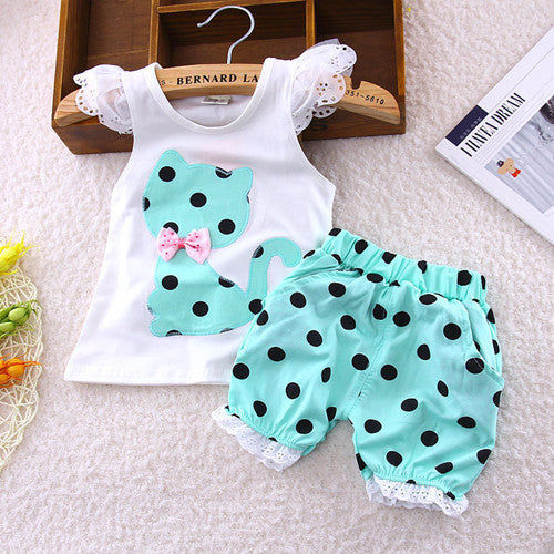 Europe new summer children clothing set baby girls bow cat shirt + shorts suit 2pcs kids polka dot clothes suit 1-4 years - CelebritystyleFashion.com.au online clothing shop australia