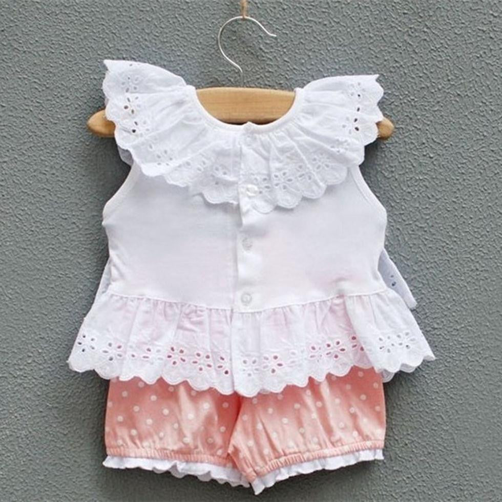 Sweet Baby Kid Girl 2pcs Outfit Clothes Ruffled T-shirt Tops + Dot Pan