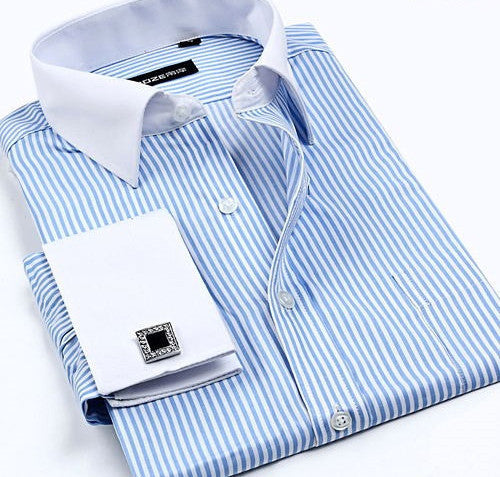 Striped Shirt Men New Mens Dress Shirt French Cuff Tailored Slim Fit Free Long Sleeve Shirt For Cufflinks Camisa - CelebritystyleFashion.com.au online clothing shop australia