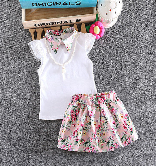 Baby Girl Clothes cotton Clothes set 2 pcs Toddler floral necklace short sleeves shirt + skirt suit Baby clothes set 7-24Mo - CelebritystyleFashion.com.au online clothing shop australia