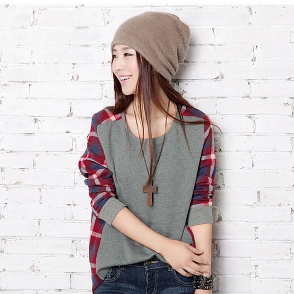 Women Checked Long Sleeve Sweatshirts Casual Loose Tops Blouse O Neck Pullover high quality - CelebritystyleFashion.com.au online clothing shop australia
