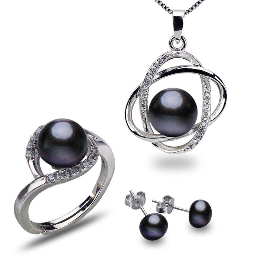 8-9mm button black color AAA 925silver natural real freshwater pearl set black pearls - CelebritystyleFashion.com.au online clothing shop australia