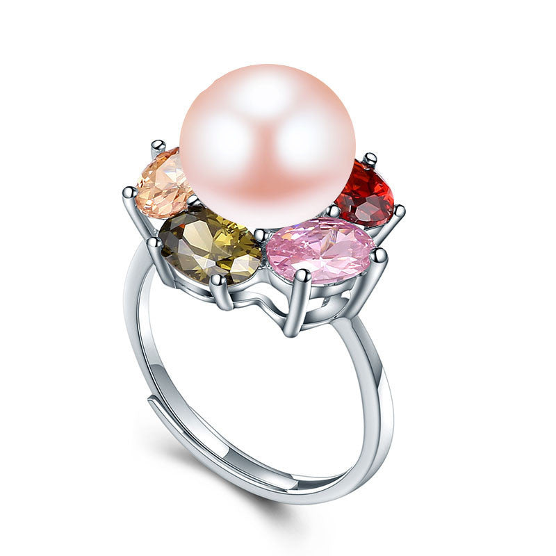 Colorful Flower Wedding Rings High Quality 925 Sterling Silver Jewelry Natural Big Pearl Adjustable Rings For Women - CelebritystyleFashion.com.au online clothing shop australia