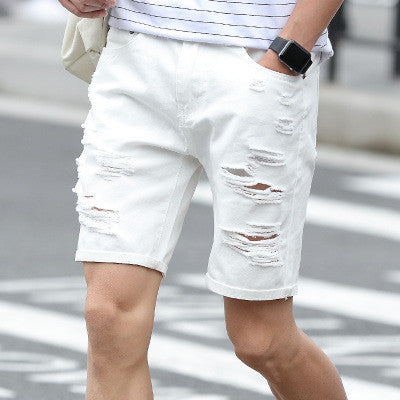 Mens Denim Shorts Slim Regular Casual Knee Length Short Hole Jeans Shorts For Men New Summer White Blue - CelebritystyleFashion.com.au online clothing shop australia