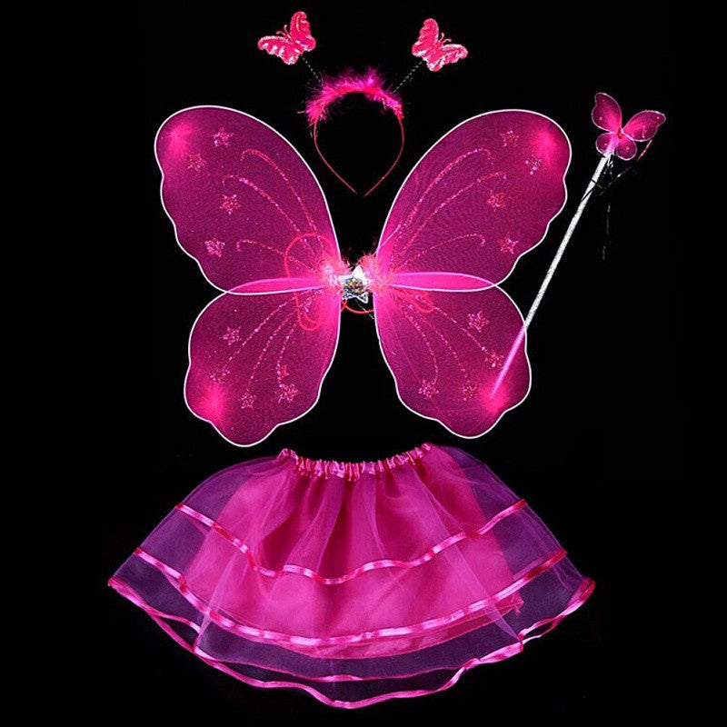 4Pcs Kids girls Fairy Princess Costume Sets colorful stage wear Butterfly Wings Wand Headband Tutu Skirts - CelebritystyleFashion.com.au online clothing shop australia