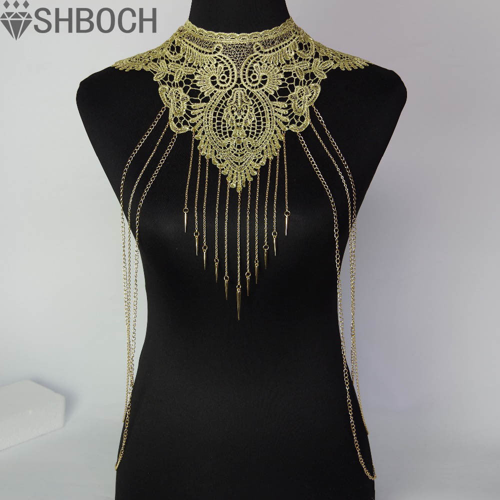 Lace Body chain Women Flower Collar Choker Gold Body Chains Hollow out Gothic Big body Necklace Multilayer Party Jewelry - CelebritystyleFashion.com.au online clothing shop australia
