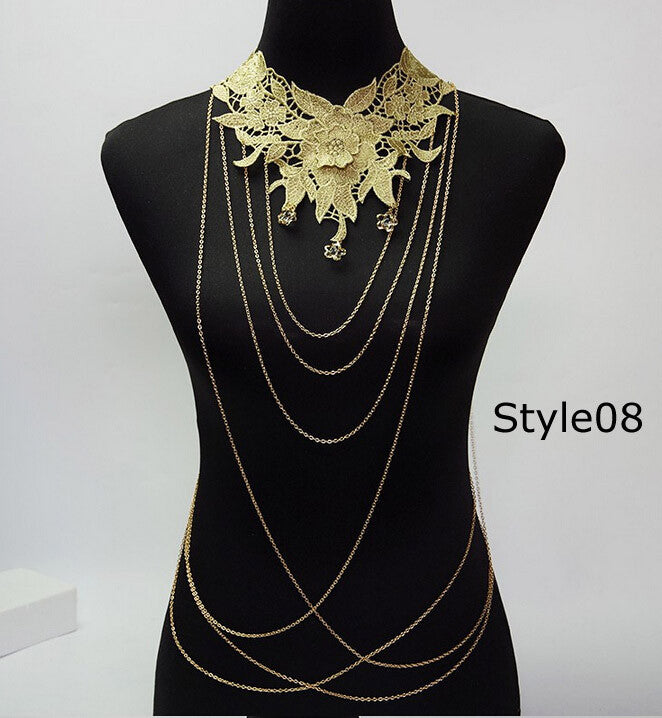 Lace Body chain Women Flower Collar Choker Gold Body Chains Hollow out Gothic Big body Necklace Multilayer Party Jewelry - CelebritystyleFashion.com.au online clothing shop australia