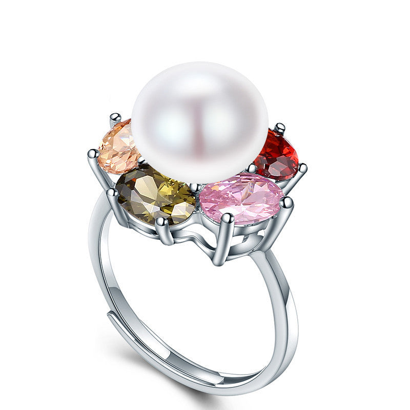 Colorful Flower Wedding Rings High Quality 925 Sterling Silver Jewelry Natural Big Pearl Adjustable Rings For Women - CelebritystyleFashion.com.au online clothing shop australia