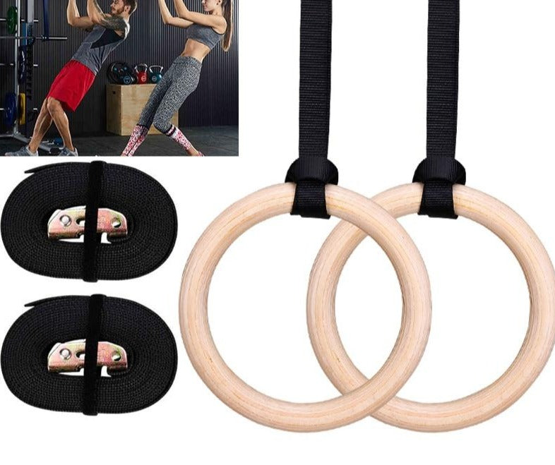 Wood Gymnastic Rings 28mm Gym Rings with Adjustable Long Buckles Straps for Workout Home Gym Cross Fitness