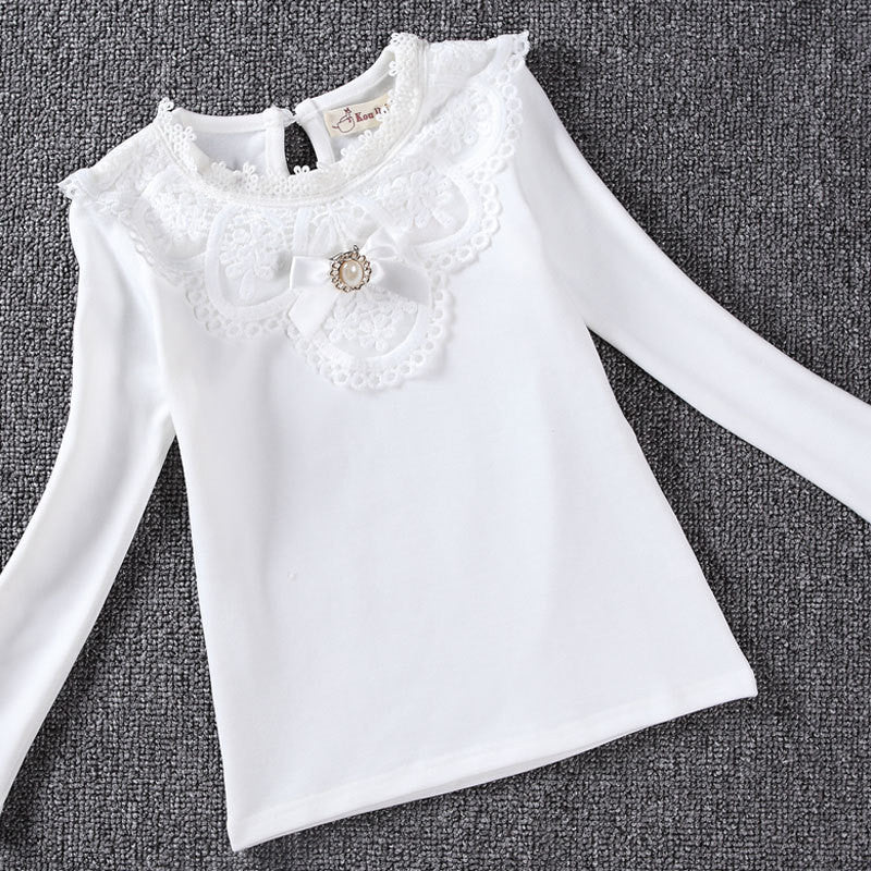 New Autumn Winter Girls Blouses Shirts Fashion Warm Add Wool Long Sleeve White Lace Flower Blouses Girls Cotton Clothes - CelebritystyleFashion.com.au online clothing shop australia