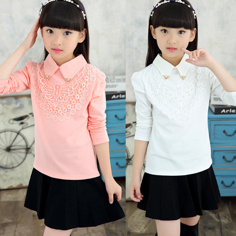 Girls Blouses Spring Autumn Children Clothing Turn-Down Collar Girl Princess Shirts Pearl Child Lace Bottoming Shirt 3-12Y - CelebritystyleFashion.com.au online clothing shop australia