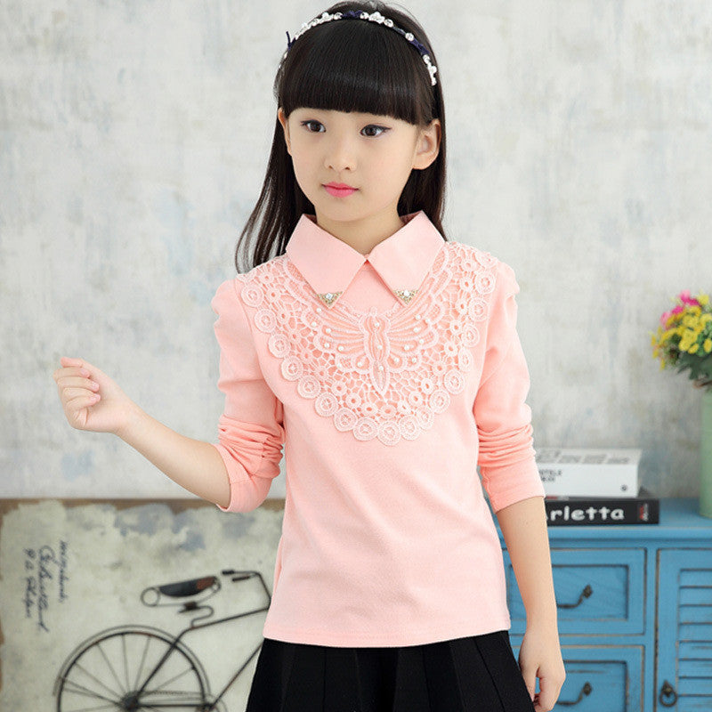 Girls Blouses Shirts New Fashion Solid Turn-Down Lace Flower Blouses Children Girls Cotton Clothes - CelebritystyleFashion.com.au online clothing shop australia