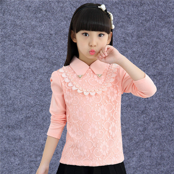 Girls Blouses Shirts New Fashion Solid Turn-Down Lace Flower Blouses Children Girls Cotton Clothes - CelebritystyleFashion.com.au online clothing shop australia