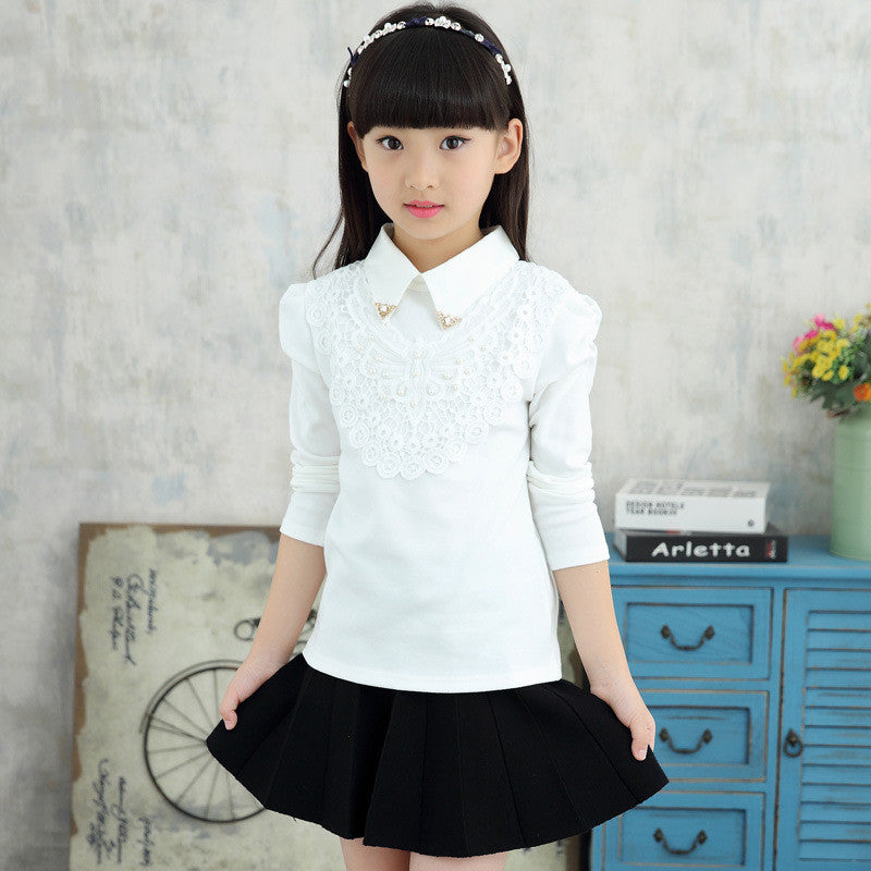 Girls Blouses Shirts New Fashion Solid Turn-Down Lace Flower Blouses Children Girls Cotton Clothes - CelebritystyleFashion.com.au online clothing shop australia