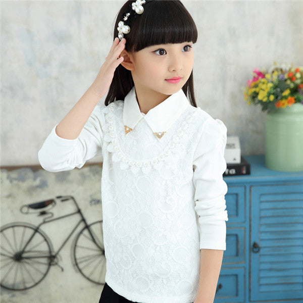 Girls Blouses Shirts New Fashion Solid Turn-Down Lace Flower Blouses Children Girls Cotton Clothes - CelebritystyleFashion.com.au online clothing shop australia