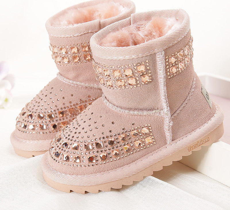 Winter New Fashion Children Snow Boots rhinestone Kids Leather Boots Warm Shoes With Fur Princess Baby Girls Ankle Boots - CelebritystyleFashion.com.au online clothing shop australia