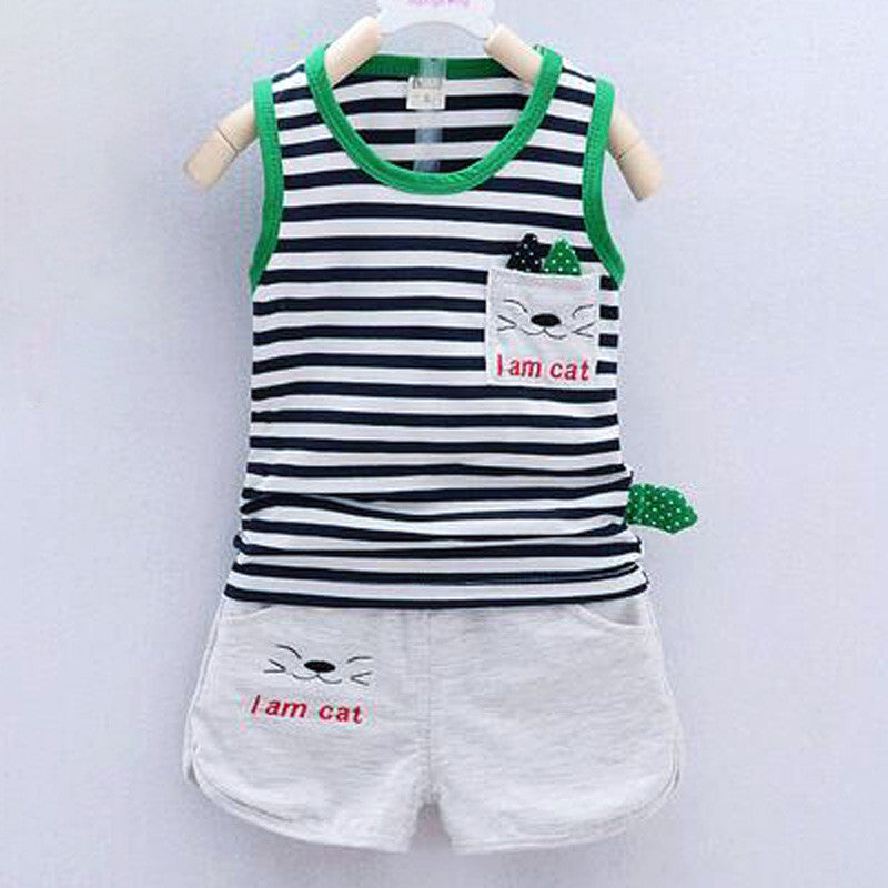 Cute Cat Pattern Kid Set Stripe Short Vest+Pants 2pcs Tracksuit For Boys Baby Sets Summer Children Clothes - CelebritystyleFashion.com.au online clothing shop australia