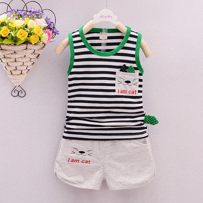 Cute Cat Pattern Kid Set Stripe Short Vest+Pants 2pcs Tracksuit For Boys Baby Sets Summer Children Clothes - CelebritystyleFashion.com.au online clothing shop australia