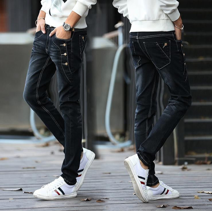 Fashion Teenagers Stretch Slim Fit Black And Blue Button Designers Casual Jeans Boys Hip Hop City Streetwear Men Pencil Pants - CelebritystyleFashion.com.au online clothing shop australia