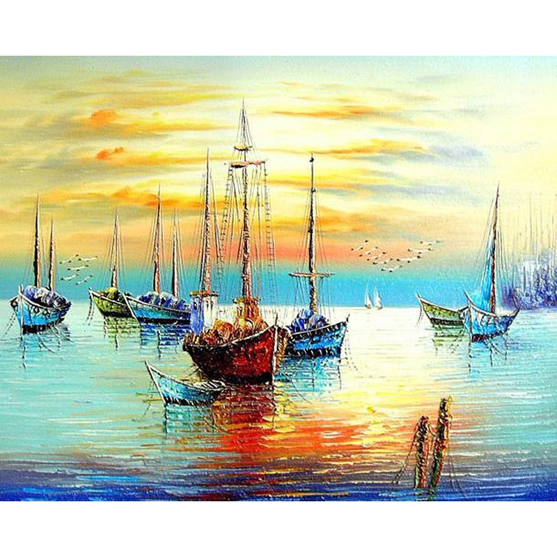 Fishing boat diy paint by numbers painting kits abstract oil painting by numbers on canvas for painting Framed Wall art Pictures