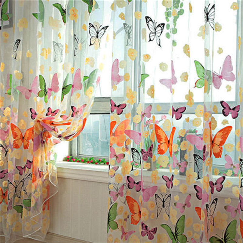 Butterfly Printed Tulle Door Window Balcony Sheer Panel Screen Curtain Colorful Y1