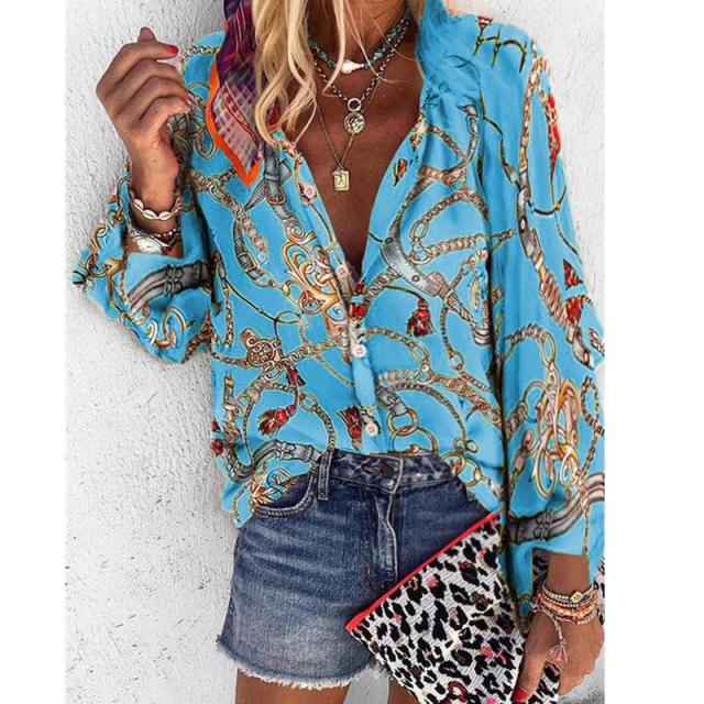 Women Blouse V-neck Long Sleeve Chains Print Loose casual Shirts Tops Blouses