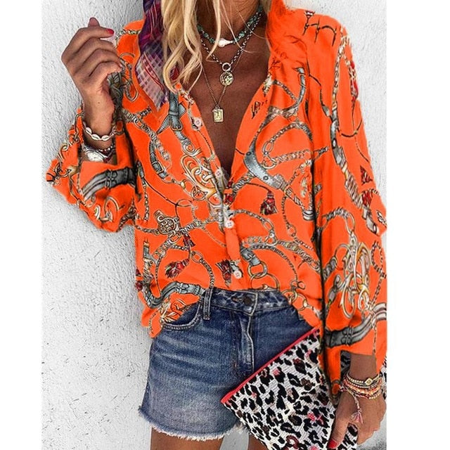 Women Blouse V-neck Long Sleeve Chains Print Loose casual Shirts Tops Blouses