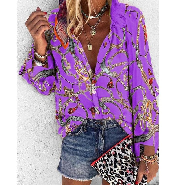 Women Blouse V-neck Long Sleeve Chains Print Loose casual Shirts Tops Blouses
