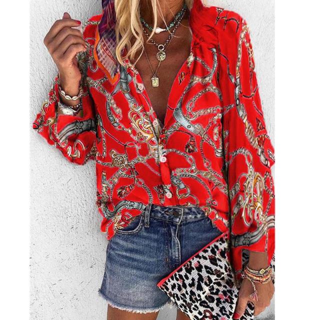 Women Blouse V-neck Long Sleeve Chains Print Loose casual Shirts Tops Blouses