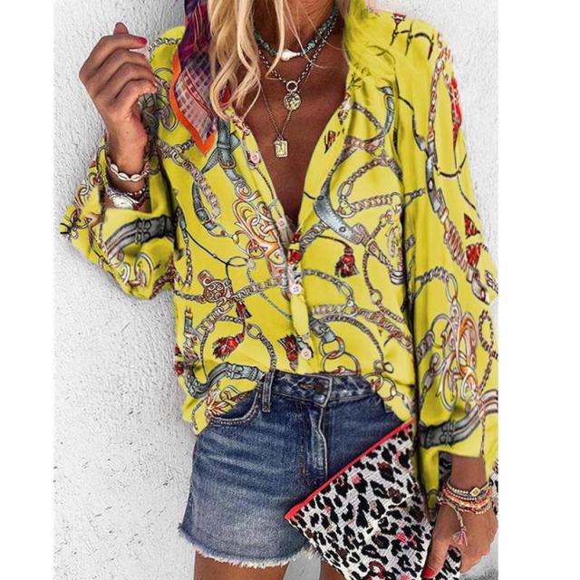 Women Blouse V-neck Long Sleeve Chains Print Loose casual Shirts Tops Blouses