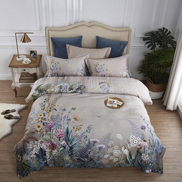 Egyptian Cotton  4Pcs Birds and Flowers Leaf Gray Shabby Duvet Cover Bed sheet Pillow shams