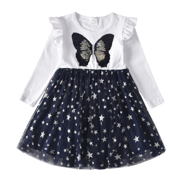 Girls Dress Butterfly Sequins Kids Long Sleeve Dresses Baby Girls Princess Dress Party Clothes Birthday Dresses