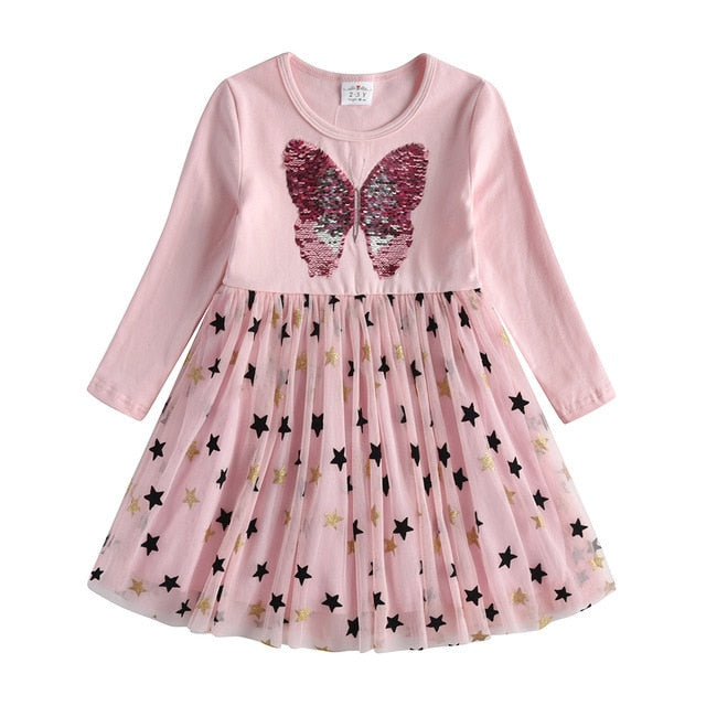 Girls Dress Butterfly Sequins Kids Long Sleeve Dresses Baby Girls Princess Dress Party Clothes Birthday Dresses