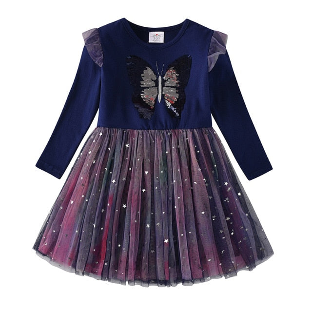 Girls Dress Butterfly Sequins Kids Long Sleeve Dresses Baby Girls Princess Dress Party Clothes Birthday Dresses