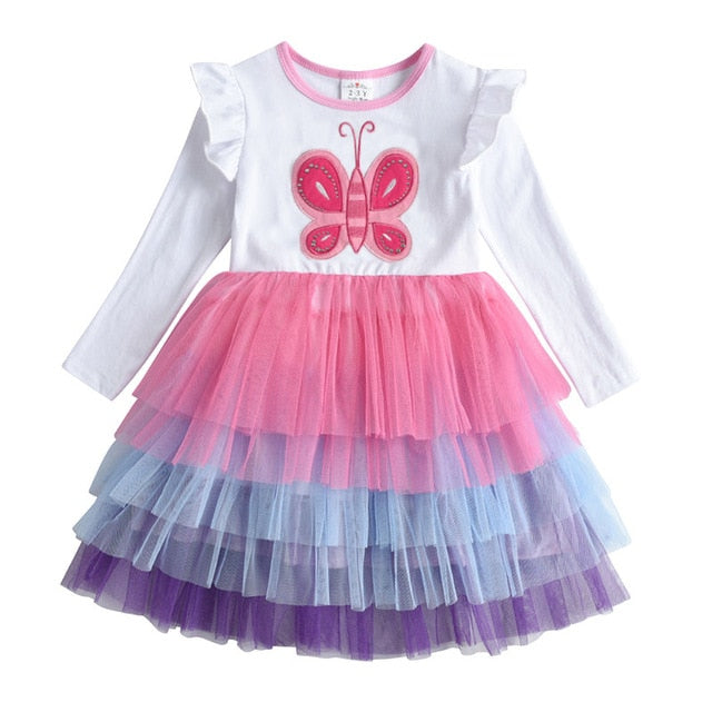 Girls Dress Butterfly Sequins Kids Long Sleeve Dresses Baby Girls Princess Dress Party Clothes Birthday Dresses
