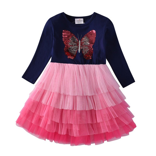 Girls Dress Butterfly Sequins Kids Long Sleeve Dresses Baby Girls Princess Dress Party Clothes Birthday Dresses